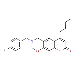 ChemSpider 2D Image | 6-Butyl-3-(4-fluorobenzyl)-10-methyl-3,4-dihydro-2H,8H-chromeno[6,7-e][1,3]oxazin-8-one | C23H24FNO3