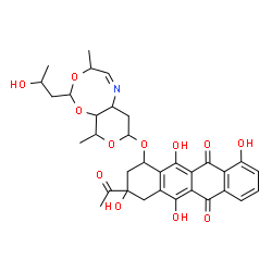 ChemSpider 2D Image | 8-Acetyl-1,6,8,11-tetrahydroxy-10-{[(5Z)-2-(2-hydroxypropyl)-4,10-dimethyl-4,6a,7,8,10,10a-hexahydropyrano[3,4-d][1,3,6]dioxazocin-8-yl]oxy}-7,8,9,10-tetrahydro-5,12-tetracenedione | C33H37NO12