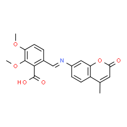 ChemSpider 2D Image | 2,3-Dimethoxy-6-{(E)-[(4-methyl-2-oxo-2H-chromen-7-yl)imino]methyl}benzoic acid | C20H17NO6