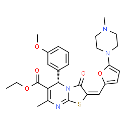 ChemSpider 2D Image | Ethyl (2E,5S)-5-(3-methoxyphenyl)-7-methyl-2-{[5-(4-methyl-1-piperazinyl)-2-furyl]methylene}-3-oxo-2,3-dihydro-5H-[1,3]thiazolo[3,2-a]pyrimidine-6-carboxylate | C27H30N4O5S