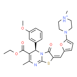ChemSpider 2D Image | 4-(5-{(E)-[(5R)-6-(Ethoxycarbonyl)-5-(3-methoxyphenyl)-7-methyl-3-oxo-5H-[1,3]thiazolo[3,2-a]pyrimidin-2(3H)-ylidene]methyl}-2-furyl)-1-methylpiperazin-1-ium | C27H31N4O5S