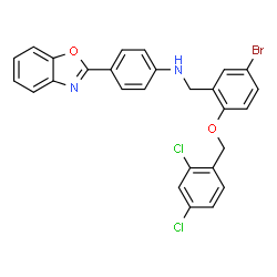 ChemSpider 2D Image | 4-(1,3-Benzoxazol-2-yl)-N-{5-bromo-2-[(2,4-dichlorobenzyl)oxy]benzyl}aniline | C27H19BrCl2N2O2