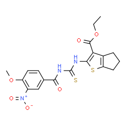 ChemSpider 2D Image | Ethyl 2-{[(4-methoxy-3-nitrobenzoyl)carbamothioyl]amino}-5,6-dihydro-4H-cyclopenta[b]thiophene-3-carboxylate | C19H19N3O6S2