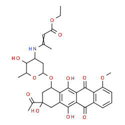 ChemSpider 2D Image | 3-Acetyl-3,5,12-trihydroxy-10-methoxy-6,11-dioxo-1,2,3,4,6,11-hexahydro-1-tetracenyl 2,3,6-trideoxy-3-[(4-ethoxy-4-oxo-2-buten-2-yl)amino]hexopyranoside | C33H37NO12