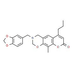ChemSpider 2D Image | 3-(1,3-Benzodioxol-5-ylmethyl)-10-methyl-6-propyl-3,4-dihydro-2H,8H-chromeno[6,7-e][1,3]oxazin-8-one | C23H23NO5