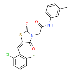 ChemSpider 2D Image | 2-[(5E)-5-(2-Chloro-6-fluorobenzylidene)-2,4-dioxo-1,3-thiazolidin-3-yl]-N-(3-methylphenyl)acetamide | C19H14ClFN2O3S