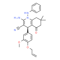 ChemSpider 2D Image | (4S)-4-[4-(Allyloxy)-3-methoxyphenyl]-2-amino-1-anilino-7,7-dimethyl-5-oxo-1,4,5,6,7,8-hexahydro-3-quinolinecarbonitrile | C28H30N4O3