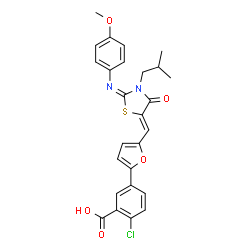 ChemSpider 2D Image | 2-Chloro-5-{5-[(Z)-{(2E)-3-isobutyl-2-[(4-methoxyphenyl)imino]-4-oxo-1,3-thiazolidin-5-ylidene}methyl]-2-furyl}benzoic acid | C26H23ClN2O5S