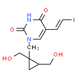 ChemSpider 2D Image | 1-{[1,2-Bis(hydroxymethyl)cyclopropyl]methyl}-5-[(E)-2-iodovinyl]-2,4(1H,3H)-pyrimidinedione | C12H15IN2O4