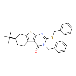 ChemSpider 2D Image | (7R)-3-Benzyl-2-(benzylsulfanyl)-7-(2-methyl-2-propanyl)-5,6,7,8-tetrahydro[1]benzothieno[2,3-d]pyrimidin-4(3H)-one | C28H30N2OS2