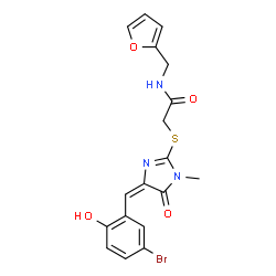 ChemSpider 2D Image | 2-{[(4E)-4-(5-Bromo-2-hydroxybenzylidene)-1-methyl-5-oxo-4,5-dihydro-1H-imidazol-2-yl]sulfanyl}-N-(2-furylmethyl)acetamide | C18H16BrN3O4S