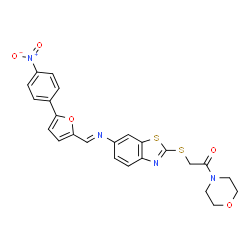 ChemSpider 2D Image | 6-{[(5-{4-nitrophenyl}-2-furyl)methylene]amino}-2-{[2-(4-morpholinyl)-2-oxoethyl]sulfanyl}-1,3-benzothiazole | C24H20N4O5S2