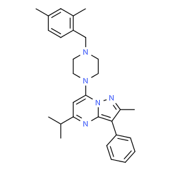 ChemSpider 2D Image | 7-[4-(2,4-Dimethylbenzyl)-1-piperazinyl]-5-isopropyl-2-methyl-3-phenylpyrazolo[1,5-a]pyrimidine | C29H35N5