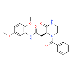 ChemSpider 2D Image | 2-[(2S)-1-Benzoyl-3-oxo-2-piperazinyl]-N-(2,5-dimethoxyphenyl)acetamide | C21H23N3O5