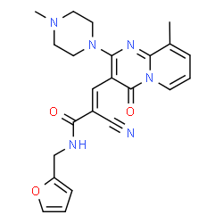 ChemSpider 2D Image | (2E)-2-Cyano-N-(2-furylmethyl)-3-[9-methyl-2-(4-methyl-1-piperazinyl)-4-oxo-4H-pyrido[1,2-a]pyrimidin-3-yl]acrylamide | C23H24N6O3