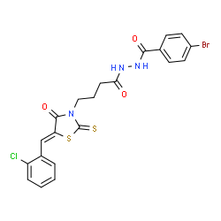 ChemSpider 2D Image | 4-Bromo-N'-{4-[(5Z)-5-(2-chlorobenzylidene)-4-oxo-2-thioxo-1,3-thiazolidin-3-yl]butanoyl}benzohydrazide | C21H17BrClN3O3S2