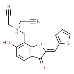 ChemSpider 2D Image | Cyano-N-(cyanomethyl)-N-{[(2Z)-6-hydroxy-3-oxo-2-(2-thienylmethylene)-2,3-dihydro-1-benzofuran-7-yl]methyl}methanaminium | C18H14N3O3S