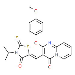ChemSpider 2D Image | 3-[(Z)-(3-Isopropyl-4-oxo-2-thioxo-1,3-thiazolidin-5-ylidene)methyl]-2-(4-methoxyphenoxy)-4H-pyrido[1,2-a]pyrimidin-4-one | C22H19N3O4S2