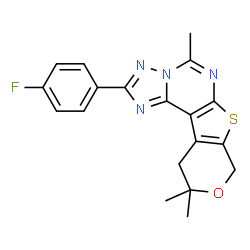 ChemSpider 2D Image | 2-(4-Fluorophenyl)-5,10,10-trimethyl-10,11-dihydro-8H-pyrano[4',3':4,5]thieno[3,2-e][1,2,4]triazolo[1,5-c]pyrimidine | C19H17FN4OS