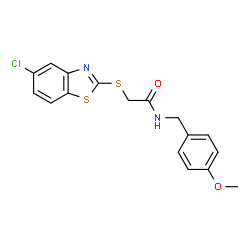 ChemSpider 2D Image | 2-[(5-Chloro-1,3-benzothiazol-2-yl)sulfanyl]-N-(4-methoxybenzyl)acetamide | C17H15ClN2O2S2