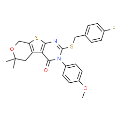 ChemSpider 2D Image | 2-[(4-Fluorobenzyl)sulfanyl]-3-(4-methoxyphenyl)-6,6-dimethyl-3,5,6,8-tetrahydro-4H-pyrano[4',3':4,5]thieno[2,3-d]pyrimidin-4-one | C25H23FN2O3S2