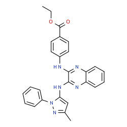 ChemSpider 2D Image | Ethyl 4-({3-[(3-methyl-1-phenyl-1H-pyrazol-5-yl)amino]-2-quinoxalinyl}amino)benzoate | C27H24N6O2