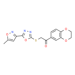 ChemSpider 2D Image | 1-(2,3-Dihydro-benzo[1,4]dioxin-6-yl)-2-[5-(5-methyl-isoxazol-3-yl)-[1,3,4]oxadiazol-2-ylsulfanyl]-ethanone | C16H13N3O5S
