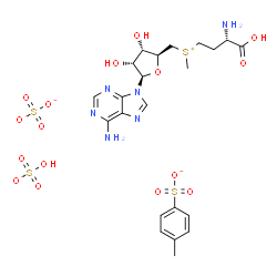 ChemSpider 2D Image | [(3S)-3-amino-4-hydroxy-4-oxo-butyl]-[[(2S,3S,4R,5R)-5-(6-aminopurin-9-yl)-3,4-dihydroxy-tetrahydrofuran-2-yl]methyl]-methyl-sulfonium; hydrogen sulfate; 4-methylbenzenesulfonate; sulfate | C22H31N6O16S4