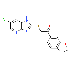 ChemSpider 2D Image | 1-(1,3-Benzodioxol-5-yl)-2-[(6-chloro-1H-imidazo[4,5-b]pyridin-2-yl)sulfanyl]ethanone | C15H10ClN3O3S