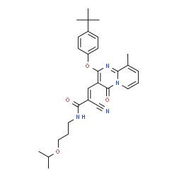 ChemSpider 2D Image | (2E)-3-[2-(4-tert-Butylphenoxy)-9-methyl-4-oxo-4H-pyrido[1,2-a]pyrimidin-3-yl]-2-cyano-N-(3-isopropoxypropyl)acrylamide | C29H34N4O4