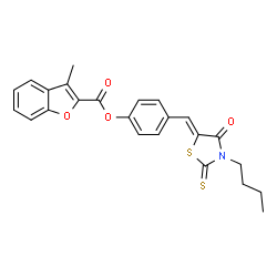 ChemSpider 2D Image | 4-[(Z)-(3-Butyl-4-oxo-2-thioxo-1,3-thiazolidin-5-ylidene)methyl]phenyl 3-methyl-1-benzofuran-2-carboxylate | C24H21NO4S2