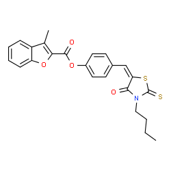ChemSpider 2D Image | 4-[(E)-(3-Butyl-4-oxo-2-thioxo-1,3-thiazolidin-5-ylidene)methyl]phenyl 3-methyl-1-benzofuran-2-carboxylate | C24H21NO4S2