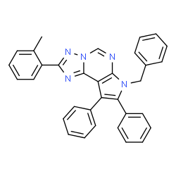 ChemSpider 2D Image | 7-Benzyl-2-(2-methylphenyl)-8,9-diphenyl-7H-pyrrolo[3,2-e][1,2,4]triazolo[1,5-c]pyrimidine | C33H25N5