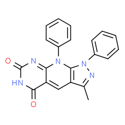 ChemSpider 2D Image | 3-Methyl-1,9-diphenyl-1H-pyrazolo[4',3':5,6]pyrido[2,3-d]pyrimidine-5,7(6H,9H)-dione | C21H15N5O2