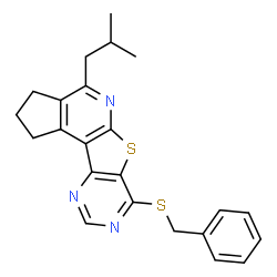 ChemSpider 2D Image | 7-(Benzylsulfanyl)-4-isobutyl-2,3-dihydro-1H-cyclopenta[4',5']pyrido[3',2':4,5]thieno[3,2-d]pyrimidine | C23H23N3S2