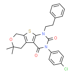 ChemSpider 2D Image | 3-(4-Chlorophenyl)-6,6-dimethyl-1-(2-phenylethyl)-1,5,6,8-tetrahydro-2H-pyrano[4',3':4,5]thieno[2,3-d]pyrimidine-2,4(3H)-dione | C25H23ClN2O3S