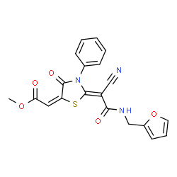 ChemSpider 2D Image | Methyl (2E)-[(2Z)-2-{1-cyano-2-[(2-furylmethyl)amino]-2-oxoethylidene}-4-oxo-3-phenyl-1,3-thiazolidin-5-ylidene]acetate | C20H15N3O5S