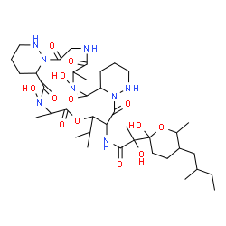 ChemSpider 2D Image | N-(6,18-Dihydroxy-22-isopropyl-7,19-dimethyl-5,8,11,17,20,24-hexaoxodocosahydro-13H,22H-dipyridazino[6,1-f:6',1'-o][1,4,7,10,13,16]oxapentaazacyclononadecin-23-yl)-2-hydroxy-2-[2-hydroxy-6-methyl-5-(2
-methylbutyl)tetrahydro-2H-pyran-2-yl]propanamide | C38H64N8O13