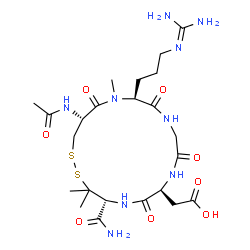 ChemSpider 2D Image | [(4R,7S,13S,16R)-16-Acetamido-4-carbamoyl-13-{3-[(diaminomethylene)amino]propyl}-3,3,14-trimethyl-6,9,12,15-tetraoxo-1,2-dithia-5,8,11,14-tetraazacycloheptadecan-7-yl]acetic acid | C23H39N9O8S2