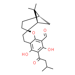 ChemSpider 2D Image | (1R,2R,5S)-5',7'-Dihydroxy-6,6-dimethyl-6'-(3-methylbutanoyl)-3',4'-dihydrospiro[bicyclo[3.1.1]heptane-2,2'-chromene]-8'-carbaldehyde | C23H30O5
