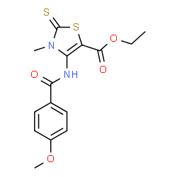 ChemSpider 2D Image | Ethyl 4-[(4-methoxybenzoyl)amino]-3-methyl-2-thioxo-2,3-dihydro-1,3-thiazole-5-carboxylate | C15H16N2O4S2