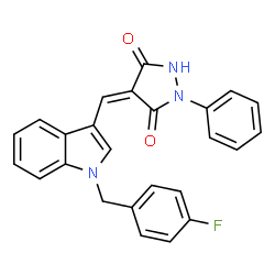 ChemSpider 2D Image | (4Z)-4-{[1-(4-Fluorobenzyl)-1H-indol-3-yl]methylene}-1-phenyl-3,5-pyrazolidinedione | C25H18FN3O2