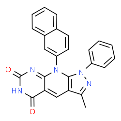 ChemSpider 2D Image | 3-Methyl-9-(2-naphthyl)-1-phenyl-1H-pyrazolo[4',3':5,6]pyrido[2,3-d]pyrimidine-5,7(6H,9H)-dione | C25H17N5O2