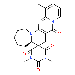 ChemSpider 2D Image | (5aR)-1',3',13-Trimethyl-1,2,3,4,5,5a-hexahydro-2'H,7H,8H-spiro[pyrido[1'',2'':1',2']pyrimido[5',4':5,6]pyrido[1,2-a]azepine-6,5'-pyrimidine]-2',4',6',8(1'H,3'H)-tetrone | C22H25N5O4