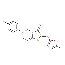 ChemSpider 2D Image | (7Z)-3-(3,4-Dimethylphenyl)-7-[(5-iodo-2-furyl)methylene]-3,4-dihydro-2H-[1,3]thiazolo[3,2-a][1,3,5]triazin-6(7H)-one | C18H16IN3O2S