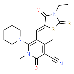 ChemSpider 2D Image | 5-[(Z)-(3-Ethyl-4-oxo-2-thioxo-1,3-thiazolidin-5-ylidene)methyl]-1,4-dimethyl-2-oxo-6-(1-piperidinyl)-1,2-dihydro-3-pyridinecarbonitrile | C19H22N4O2S2