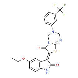 ChemSpider 2D Image | (7Z)-7-(5-Ethoxy-2-oxo-1,2-dihydro-3H-indol-3-ylidene)-3-[3-(trifluoromethyl)phenyl]-3,4-dihydro-2H-[1,3]thiazolo[3,2-a][1,3,5]triazin-6(7H)-one | C22H17F3N4O3S