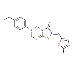 ChemSpider 2D Image | (7Z)-3-(4-Ethylphenyl)-7-[(5-iodo-2-furyl)methylene]-3,4-dihydro-2H-[1,3]thiazolo[3,2-a][1,3,5]triazin-6(7H)-one | C18H16IN3O2S
