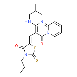 ChemSpider 2D Image | 2-(Isobutylamino)-3-[(Z)-(4-oxo-3-propyl-2-thioxo-1,3-thiazolidin-5-ylidene)methyl]-4H-pyrido[1,2-a]pyrimidin-4-one | C19H22N4O2S2