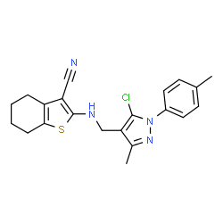 ChemSpider 2D Image | 2-({[5-Chloro-3-methyl-1-(4-methylphenyl)-1H-pyrazol-4-yl]methyl}amino)-4,5,6,7-tetrahydro-1-benzothiophene-3-carbonitrile | C21H21ClN4S